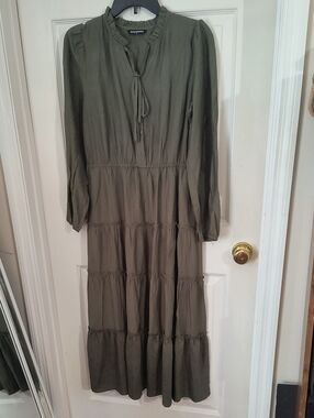 Long Tiered Maxi Dress with Tie Neck - Olive Green, New Without Tags